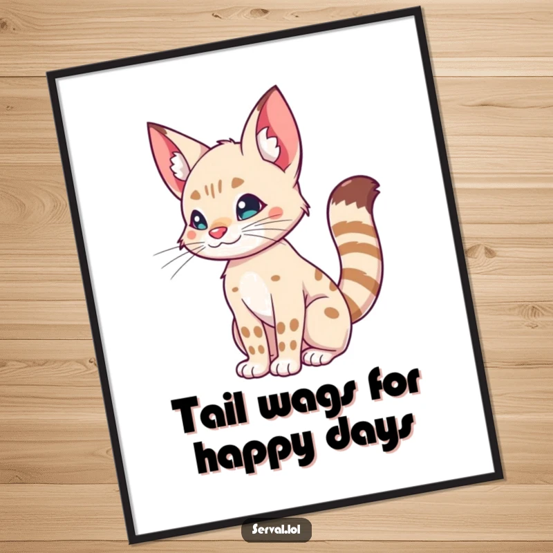 Funny Free Printable Wall Art: A serval performs a silly tail wiggle, full of playful energy. Charming downloadable decor.