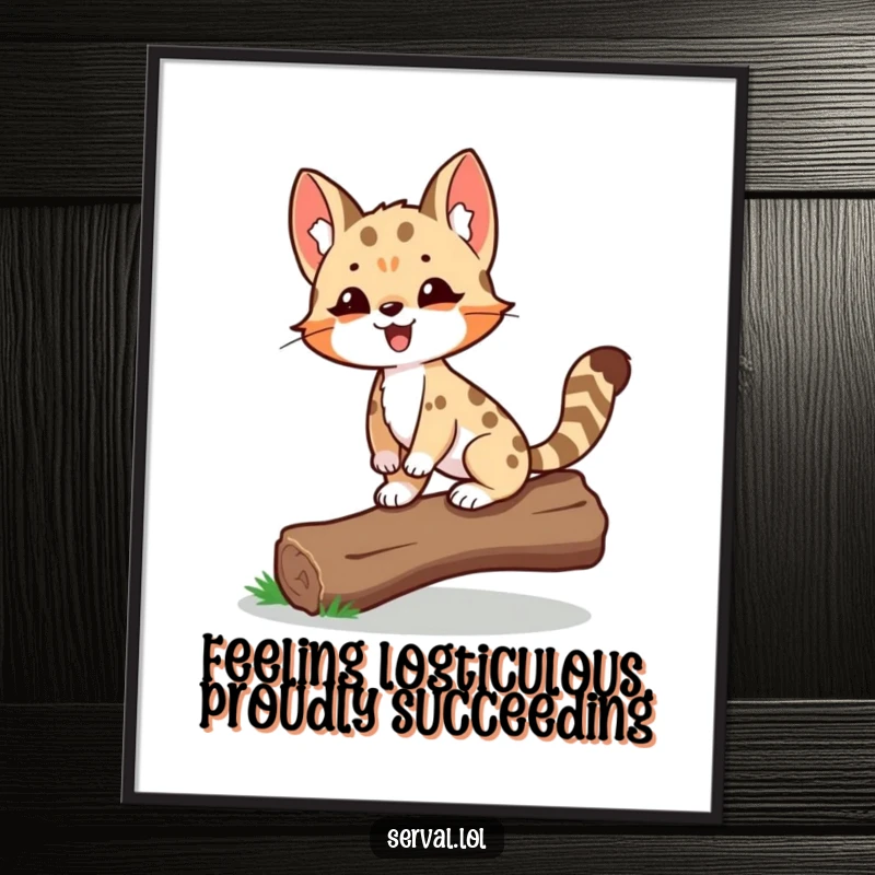 Funny Free Printable Wall Art: Proud serval balancing expertly on a small log, a humorous and inspiring piece.