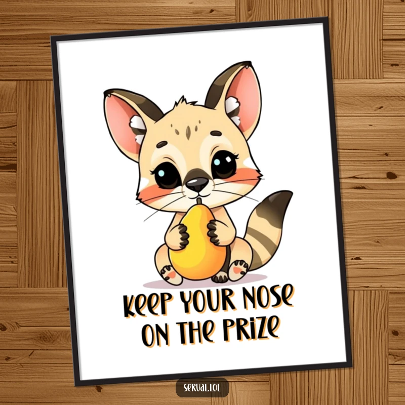 Funny free printable wall art of a serval character concentrating hard to balance a small piece of fruit on its nose.