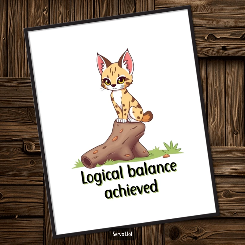 Funny Free Printable Wall Art of a serval delicately balancing on a fallen log, showcasing intense focus and agility.
