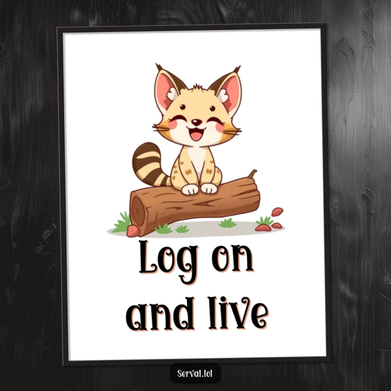 Funny Free Printable Wall Art: Delighted Serval Proudly Balancing on a Log, Inspiring Decor.