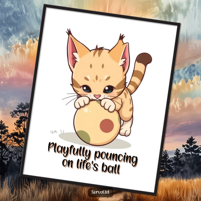 Funny Free Printable Wall Art capturing a serval cat's energetic pounce on a small, rolling ball
