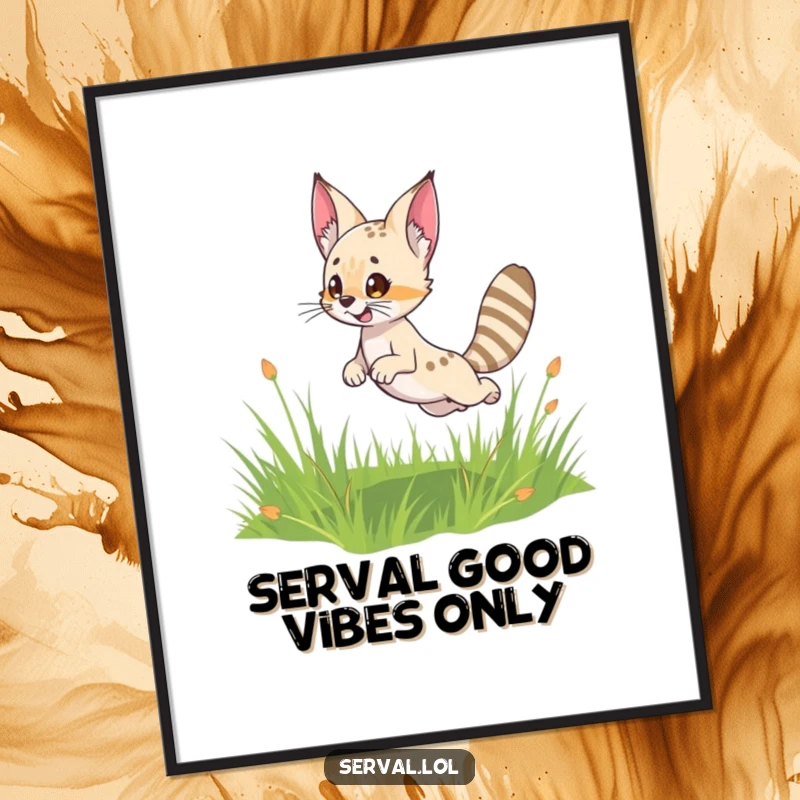 Funny Free Printable Wall Art: A cute serval character leaping playfully in a grassy field, ears perked, full of energy.
