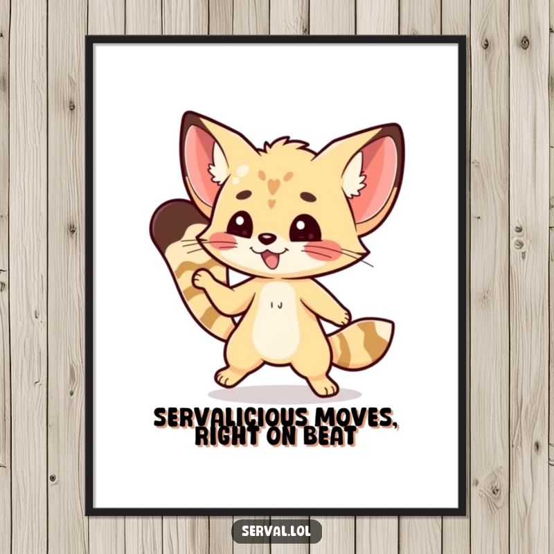 Funny free printable wall art of a kawaii serval character performing a nimble and stylish little dance step.