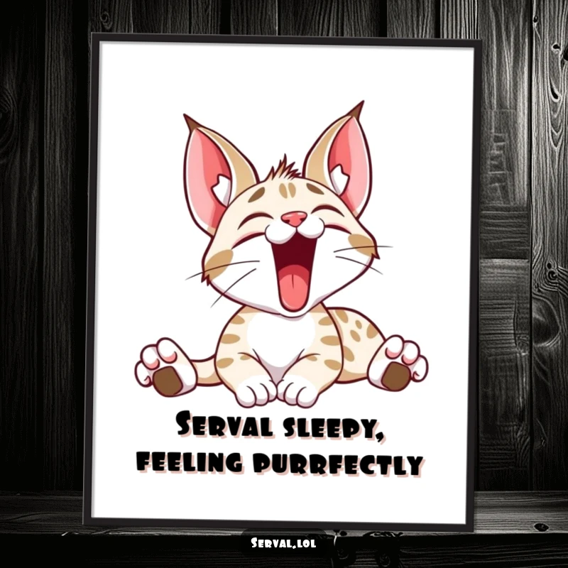 Funny Free Printable Serval Wall Art: A serval cat captured mid-stretch with a massive, happy yawn, bringing cozy charm to decor.