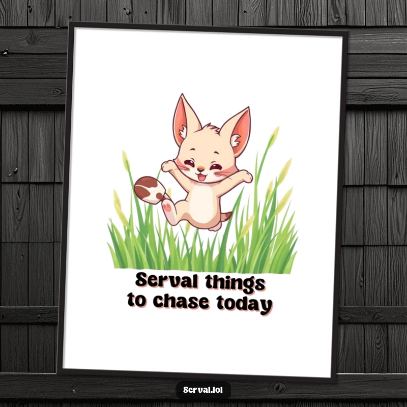 Funny Free Printable Wall Art: A serval character in a dynamic leap, gracefully moving through tall, lush grass.