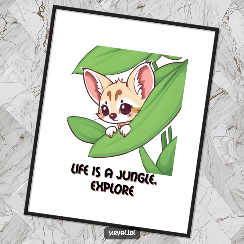 Funny Free Printable Wall Art: A serval peeking curiously from behind a large, green jungle leaf, adding intrigue to decor.