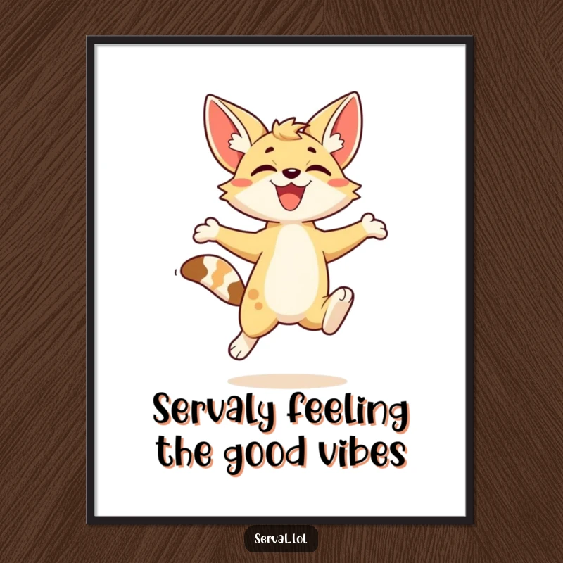 Funny free printable wall art of a kawaii serval character caught in a moment of pure, energetic leaping joy.