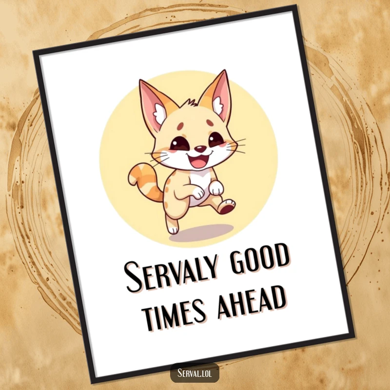 Funny Free Printable Wall Art of a serval with a huge grin caught mid-spin chasing its tail.