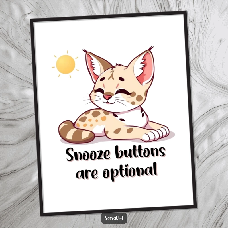 Funny Free Printable Wall Art of a serval beautifully stretching in the morning sun, embodying pure relaxation and contentment.
