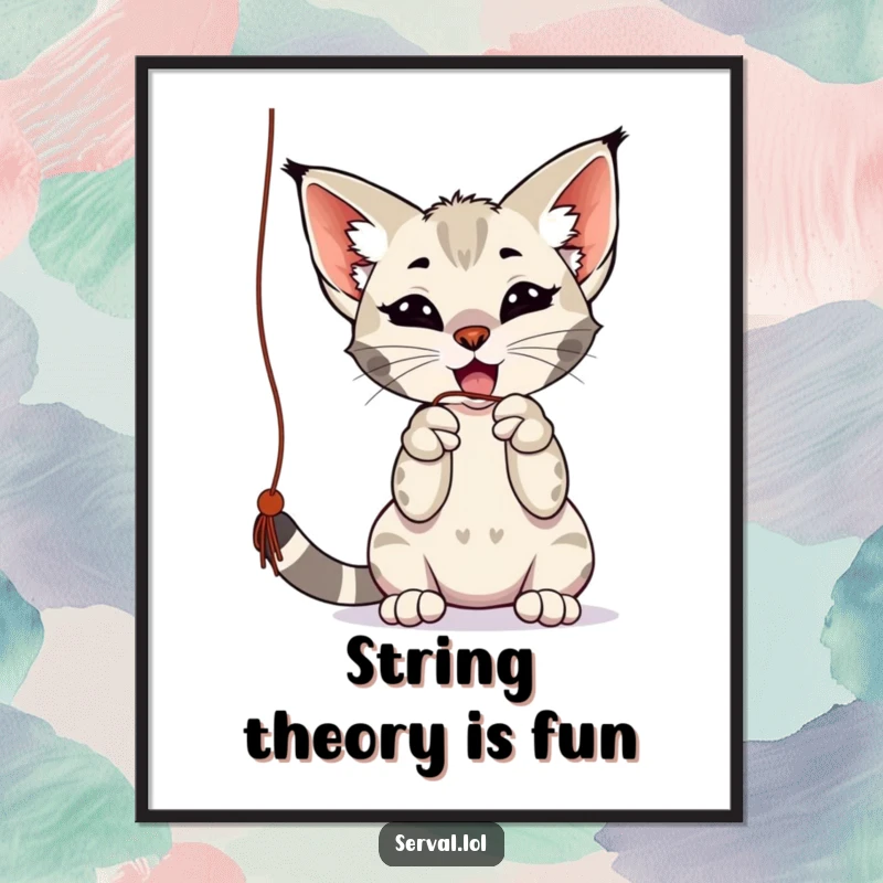 Funny Free Printable Wall Art: A serval is depicted playfully batting at a dangling string with its agile paws.