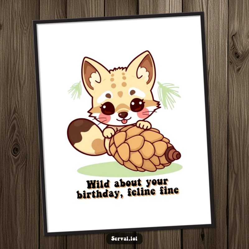 Funny Free Printable Wall Art: Kawaii serval kitten captured mid-pounce, energetically chasing a rolling pinecone.