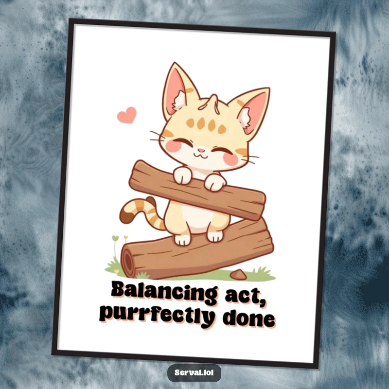 Funny Free Printable Wall Art: A serval cat with a playful wink, balancing expertly on a log, exuding quirky confidence.