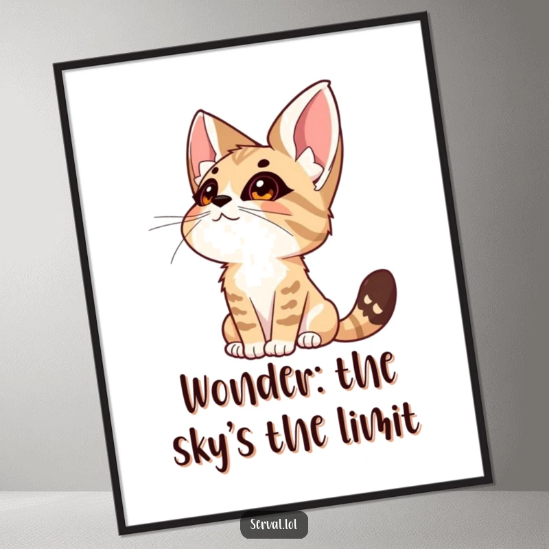Funny Free Printable Wall Art of a serval cat looking up to the sky with an expression of pure, serene wonder