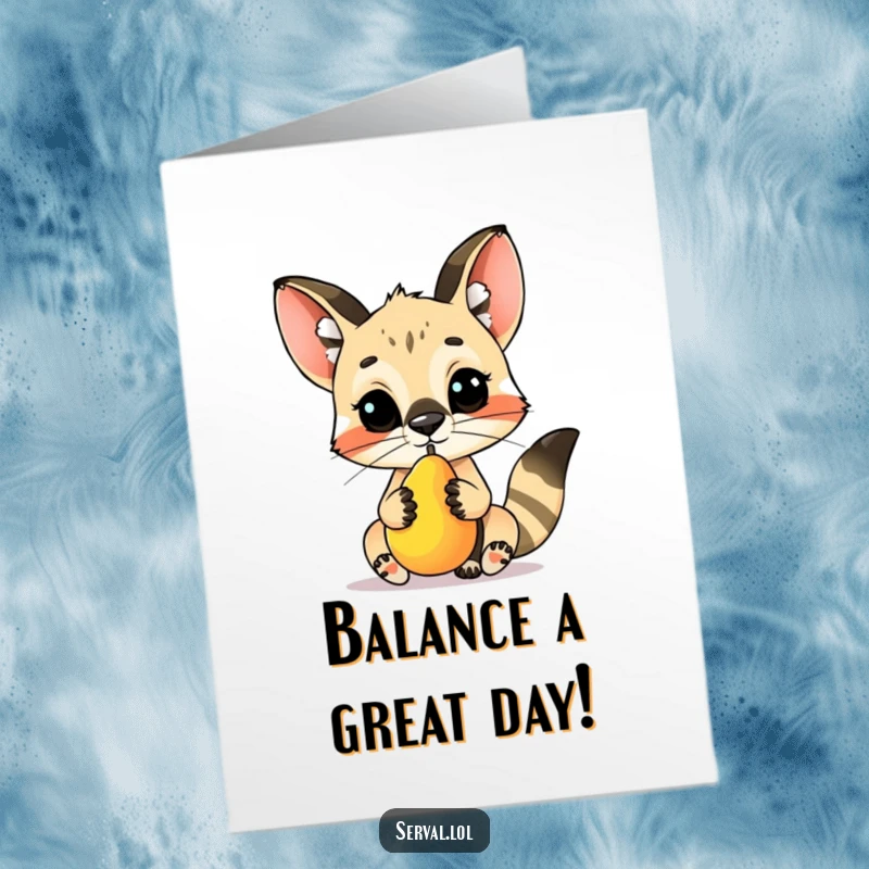 Funny free printable birthday card showing a serval character impressively balancing a small piece of fruit on its nose.