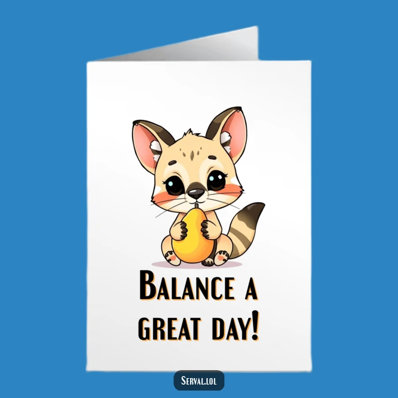 Free Printable Funny Serval Birthday Card: Fruit Nose Balance for a Hilarious Celebration