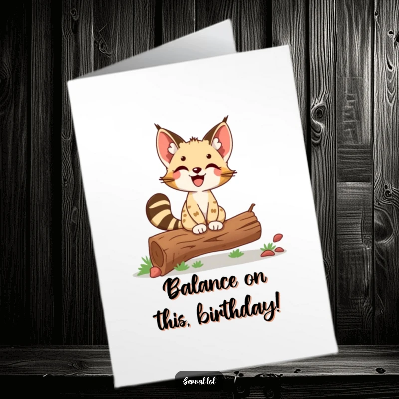 Funny Free Printable Birthday Card: Delighted Serval Proudly Balancing on a Log, DIY Gift.