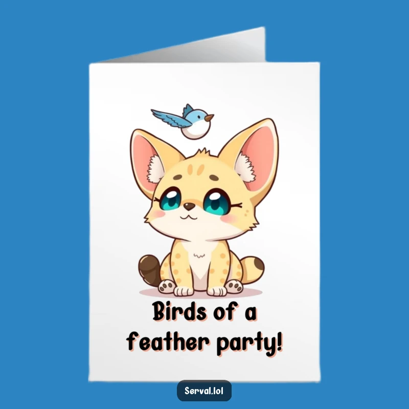 Free Printable Birthday Card: Adoring Serval Gazing at Bird, Downloadable Gift for Dreamers