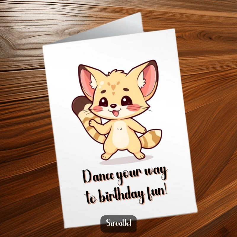 Funny free printable birthday card of a kawaii serval cat performing a nimble, stylish little dance step with flair.