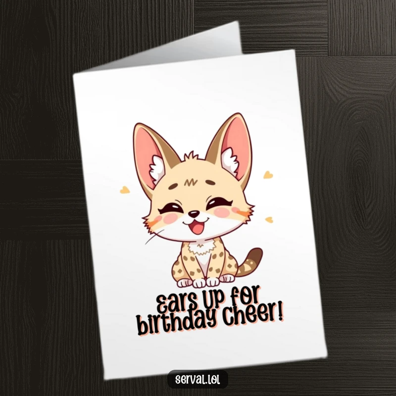 Funny Free Printable Birthday Card: Serval with perked ears, listening intently with a look of pure joy.