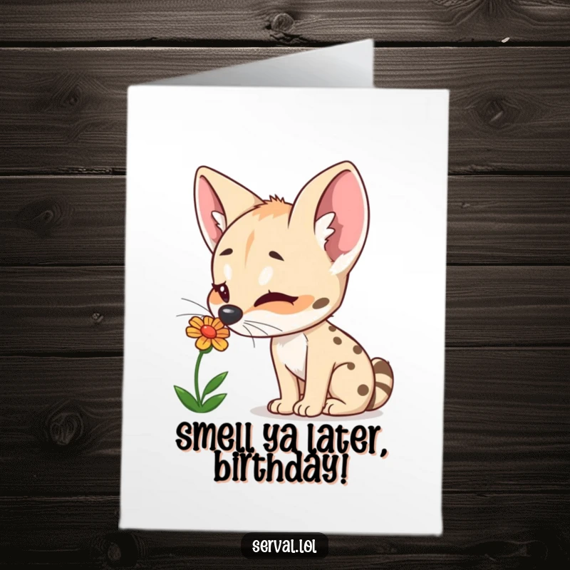Funny Free Printable Birthday Card: Curious Serval Delightedly Sniffing a Colorful Flower, DIY Gift.