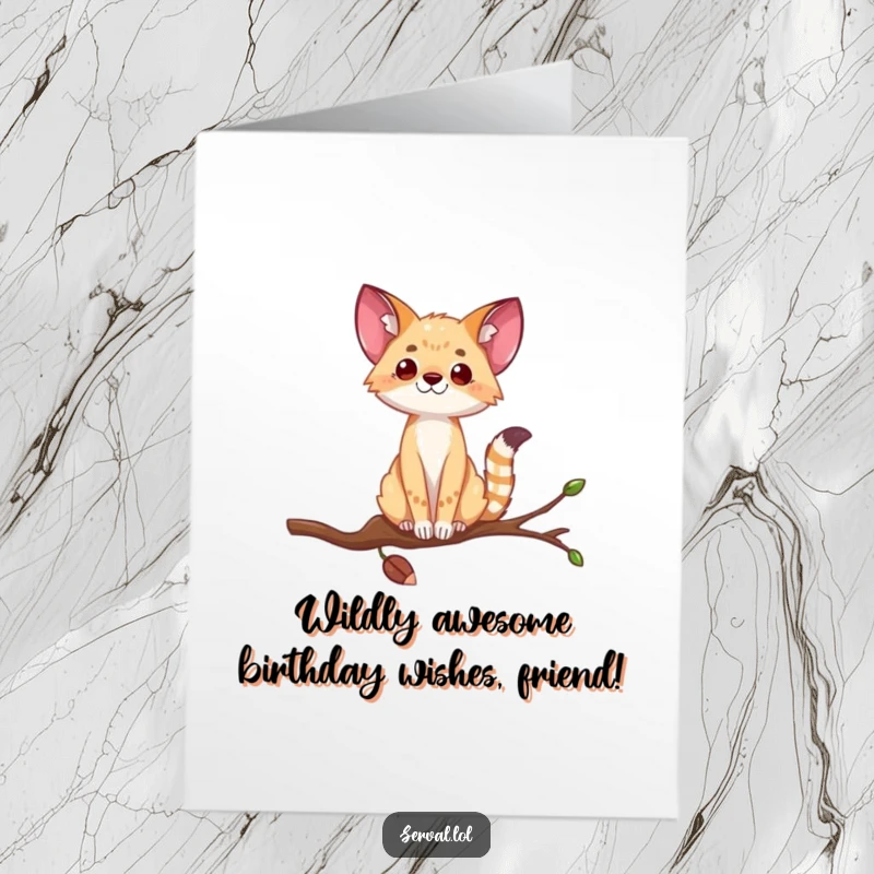 Funny Free Printable Birthday Card: Agile Serval masterfully balancing on a precarious thin branch with a goofy grin.