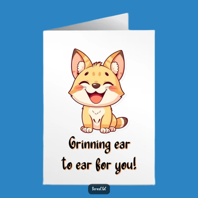 Free Printable Birthday Card: Grinning Kawaii Serval, Joyful Downloadable Surprise!