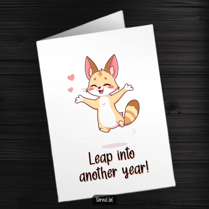 Funny Free Printable Birthday Card featuring a serval mid-air in a graceful, comical jumping pose, celebrating.