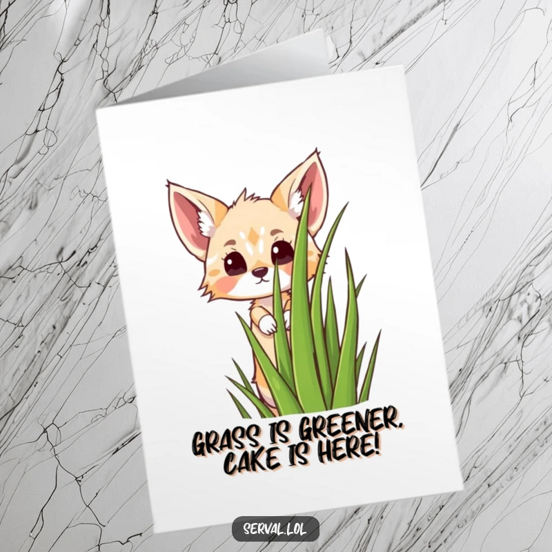 Funny Free Printable Birthday Card: Kawaii serval peeking curiously over grass, adorable and humorous downloadable art.