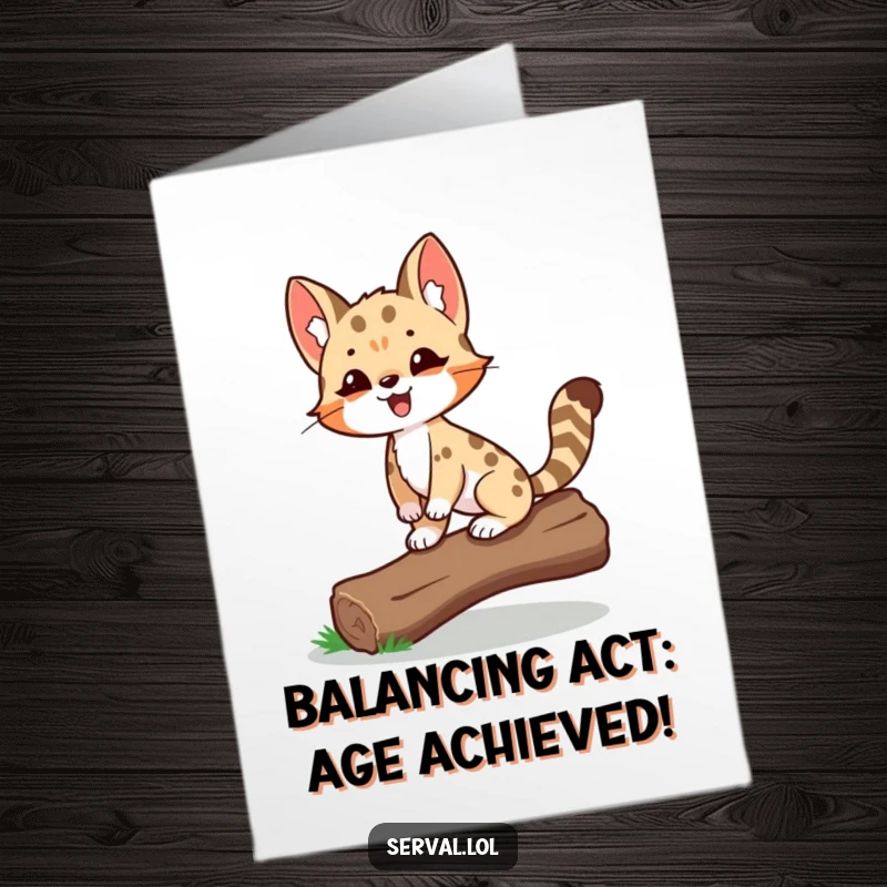 Funny Free Printable Birthday Card: Proud serval balancing on a log, a humorous and triumphant birthday greeting.