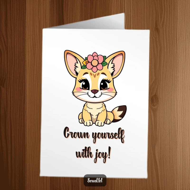 Funny Free Printable Birthday Card: A serval with a cheeky grin, sporting a vibrant flower crown, perfect downloadable gift.