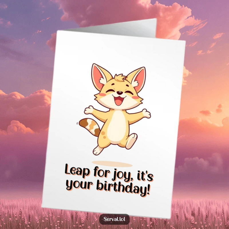 Funny free printable birthday card of a kawaii serval cat mid-leap, full of energetic joy.