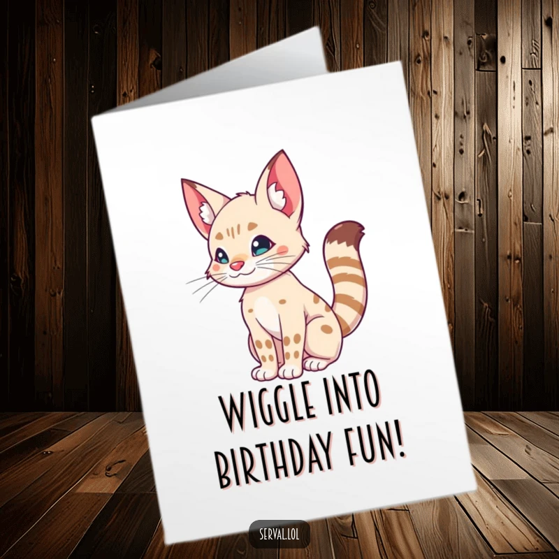 Funny Free Printable Birthday Card: A serval performs a silly, happy wiggle with its tail. Playful and cute downloadable greeting.