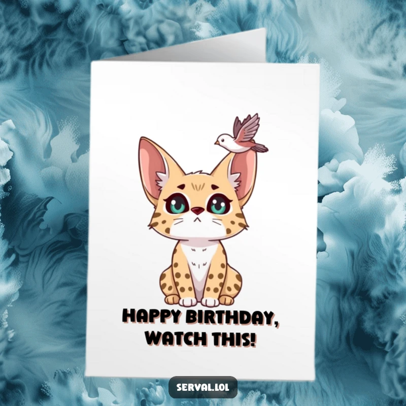 Free Printable Birthday Card showing a serval with wide, expressive eyes intently watching a small bird soar in the sky.