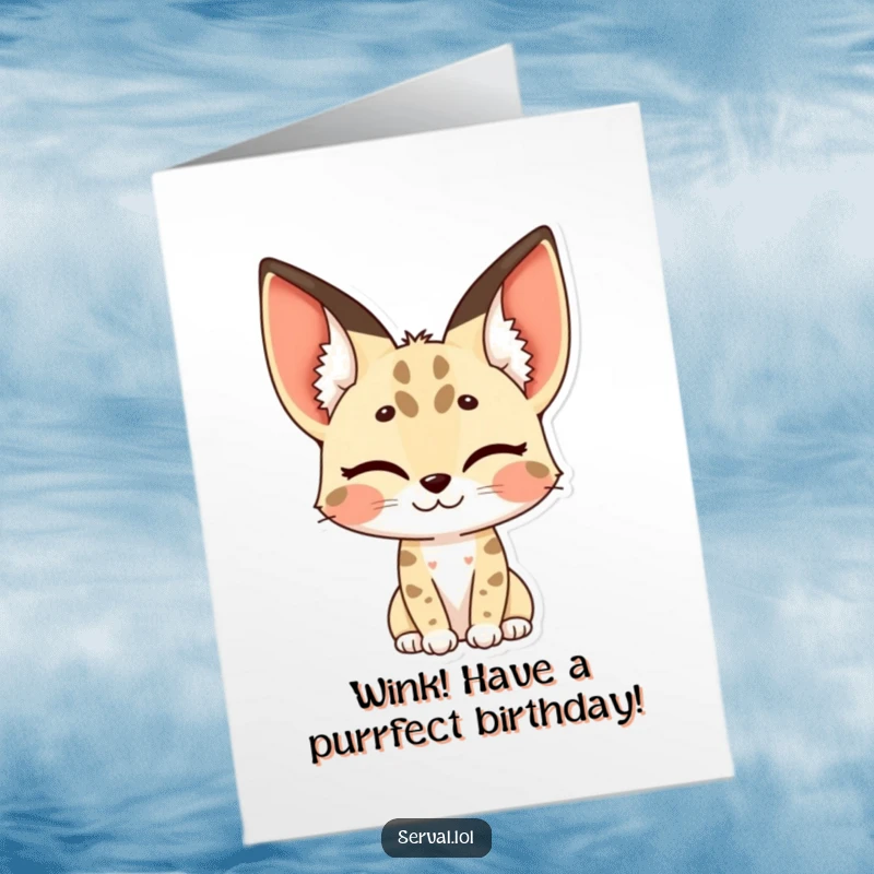 Funny Free Printable Birthday Card: A serval character winking slyly, with its distinctive spotted ears perked up and playful.