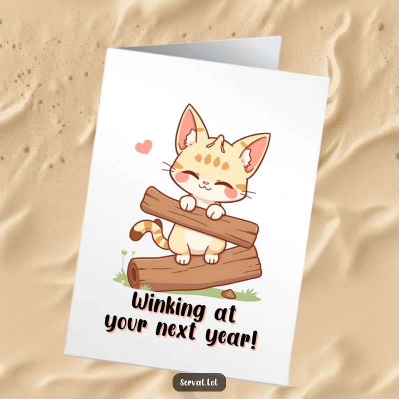 Funny Free Printable Birthday Card: A serval cat winks playfully while expertly balancing on a rustic log, radiating cool.