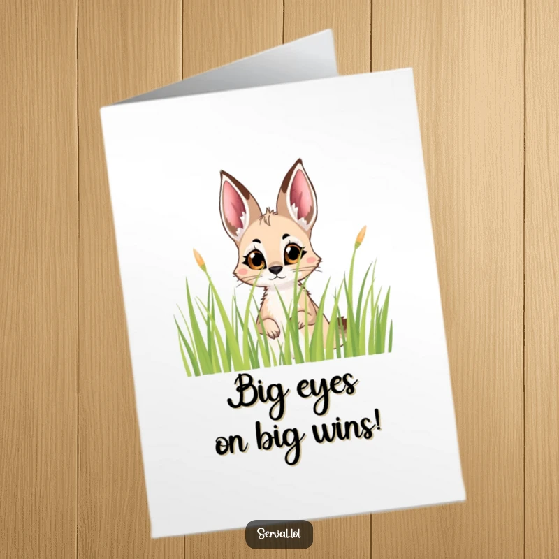 Intriguing free printable congratulations card with a serval's big, curious eyes peering from tall grass.