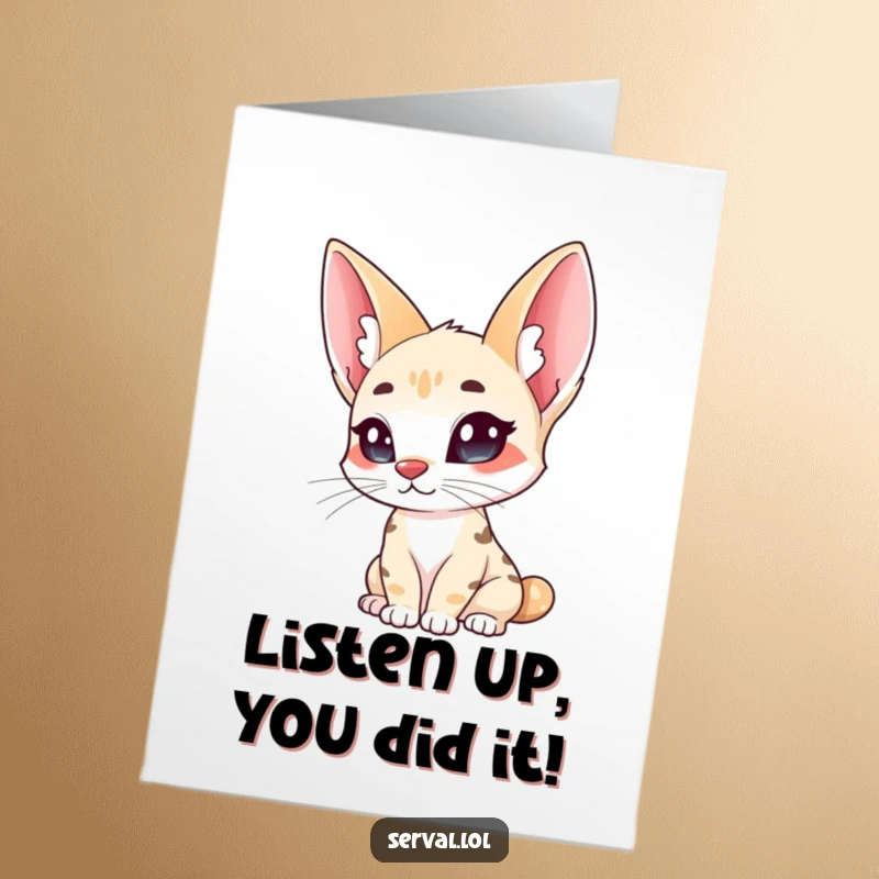 Funny Free Printable Congratulations Card: A serval with prominent ears cocks its head, showing curiosity about your wonderful news.