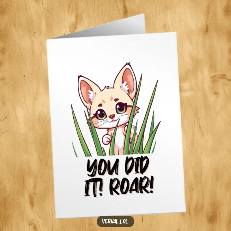 Funny Free Printable Congrats Card: Cheerful Serval Peeking Wide-Eyed from Grass, Downloadable Gift.