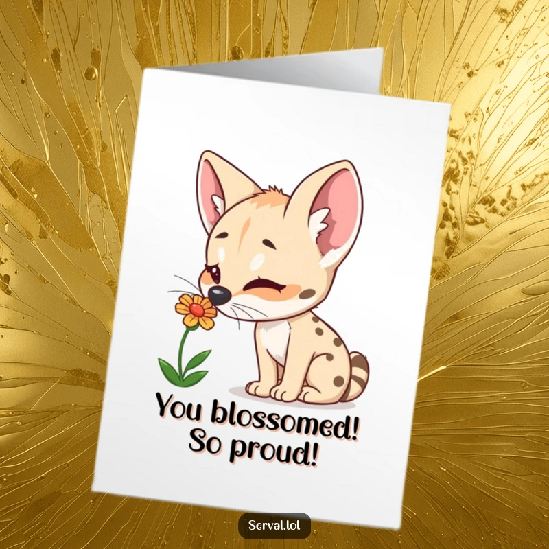 Funny Free Printable Congrats Card: Amused Serval Sniffing Colorful Flower, Downloadable Cheerful Art.