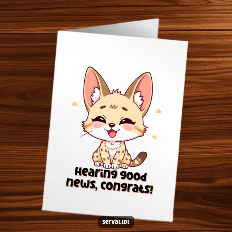 Funny Free Printable Congratulations Card: A serval with ears perked, listening with intense, joyful focus.