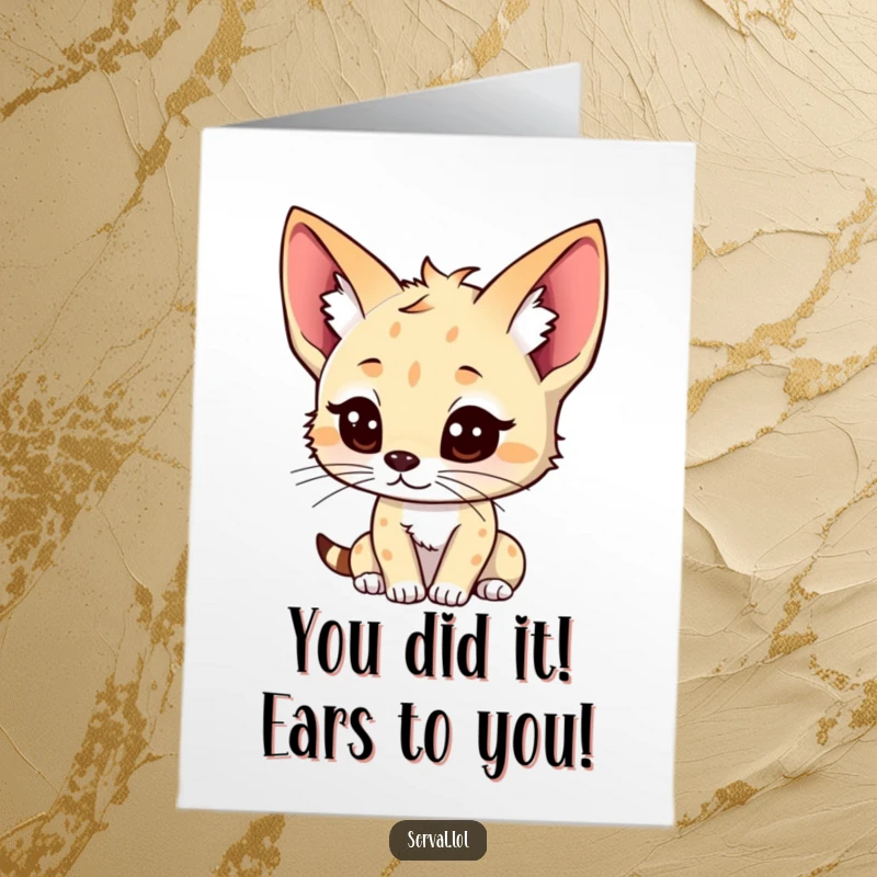 Funny Free Printable Congratulations Card with a kawaii serval character intently listening for news of success.