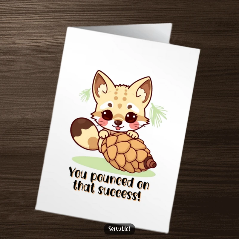 Funny Free Printable Congratulations Card: Adorable kawaii serval cat playfully mid-leap, chasing a rolling pinecone.