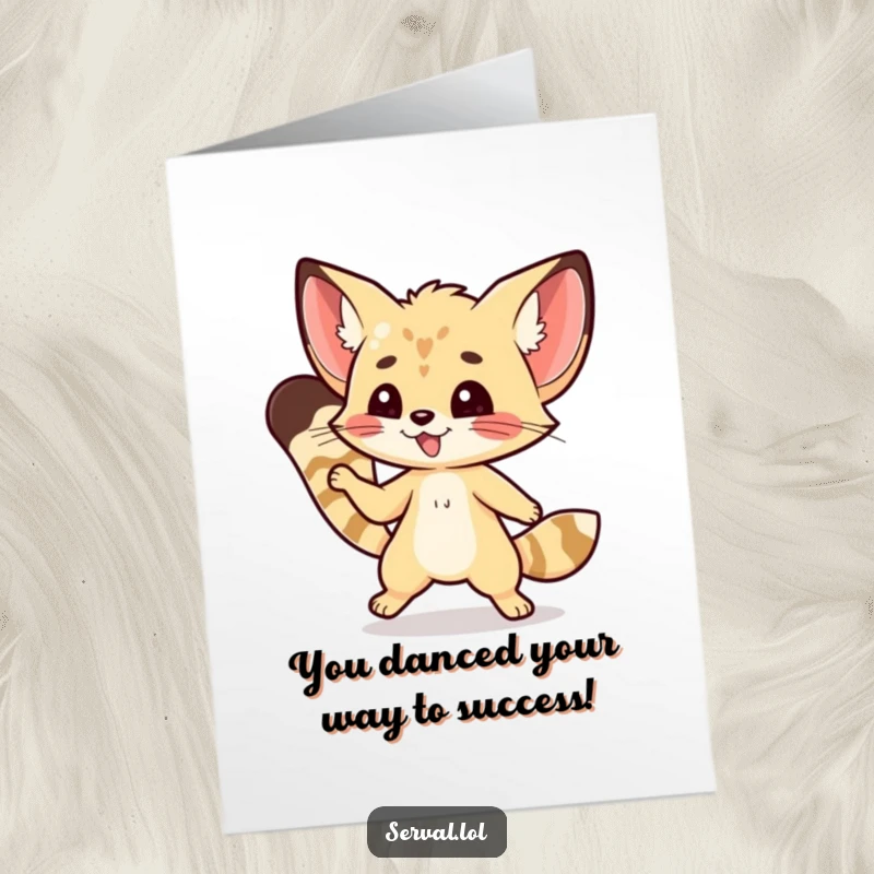 Funny free printable congratulations card featuring a kawaii serval cat executing a nimble, graceful dance step.