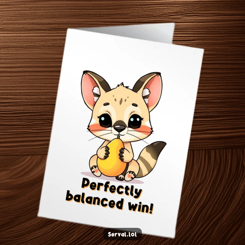 Funny free printable congratulations card featuring a serval character with focused concentration balancing a small fruit on its nose.