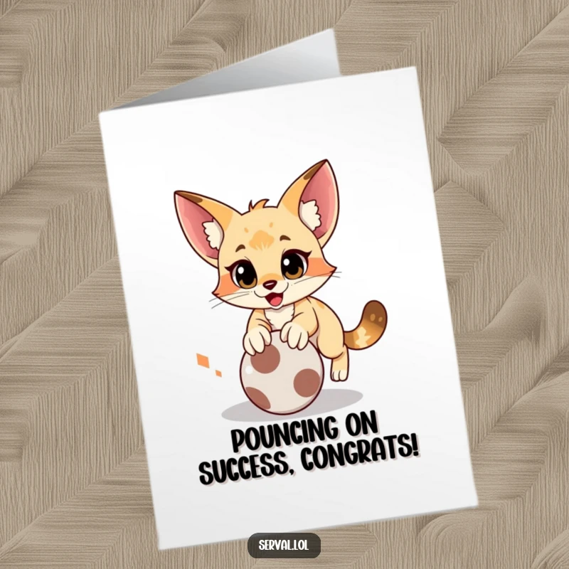 Funny Free Printable Congratulations Card: Serval humorously pounces towards a rolling ball, a dynamic downloadable gift.