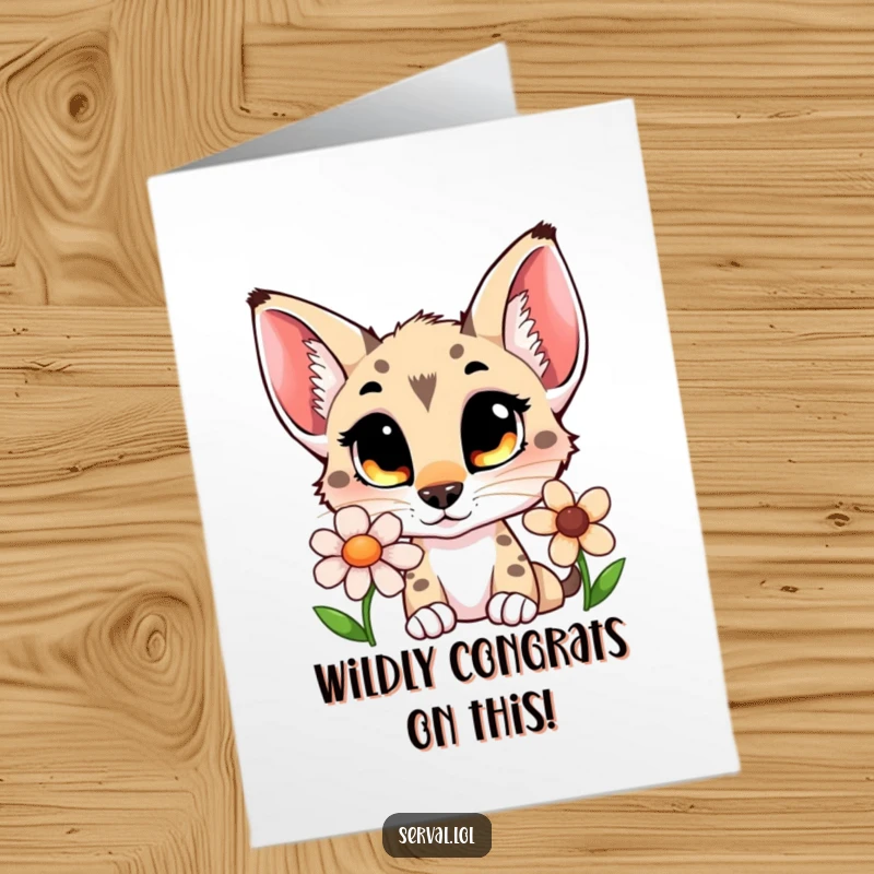 Funny Free Printable Congratulations Card: Cute serval with curious eyes takes a whiff of a flower, a hilarious downloadable gift.