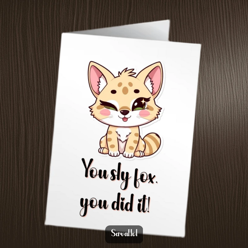 Funny Free Printable Congratulations Card: Cute kawaii serval with a knowing wink and a sparkling, mischievous eye.