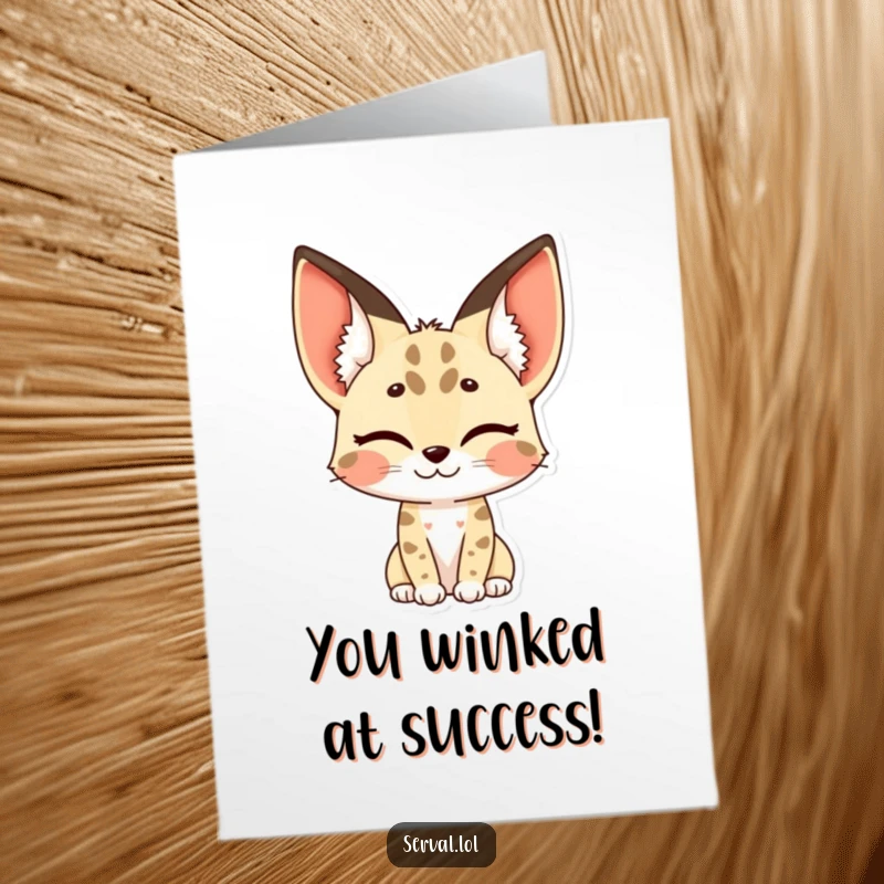 Funny Free Printable Congratulations Card: A serval winking with a playful expression, its spotted ears adding character to the cheer.