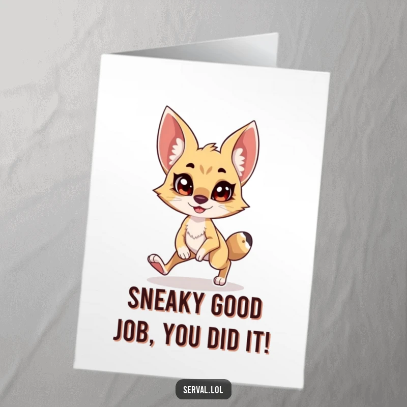 Funny Free Printable Congratulations Card: A serval silently tiptoeing with a cheeky grin, ready to surprise.